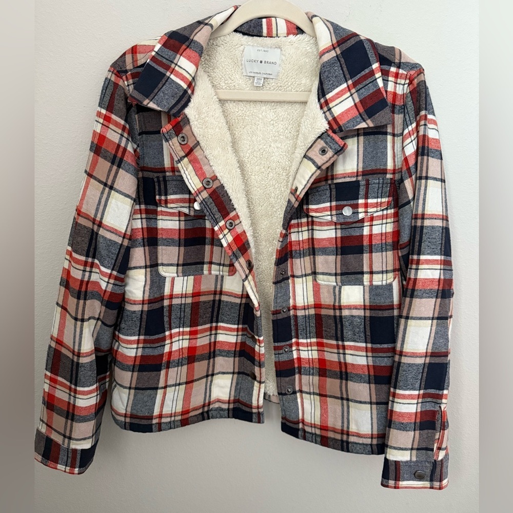 Lucky Brand Blue Orange Plaid Jacket with Cream Fleece Size M
